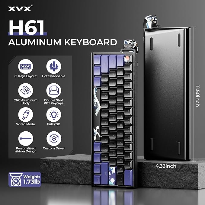 HITIME x XVX 60% Percent Keyboard with Strap H61 Wired Aluminum Gaming Keyboard Hot Swappable Kanagawa Anime PBT Keycaps RGB Backlit Cherry Profile Sound Absorbing Pads Creamy Linear Switch