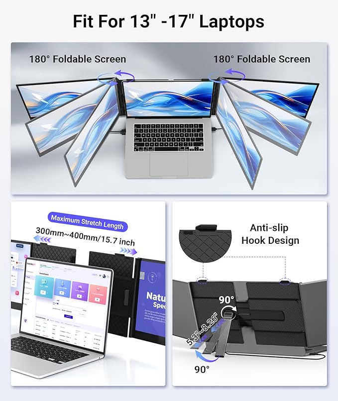 14 Triple Laptop Screen Extender Ultra-Thin FHD 1080P Portable Monitor 2.2lbs Lightweight Plug &amp Play Travel Monitor for 13-17 Laptops Compatible with Windows/Mac/Android/Chrome