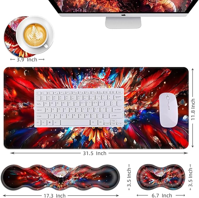 Mouse PadLarge Desk Mat Set 4in1 XL Mousepad + Keyboard Wrist Rest+Mouse Wrist Rest+Coaster with Ergonomic Desk Pad for Home Office Table Computer Cover -Eagle and Dreamcatcher