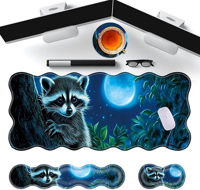 Large Gaming Mouse Pad Keyboard Wrist Rest Pad &amp Wrist Support Mousepad Set Stitched Edge Extended Non-Slip Base Memory Foam Desk Mat for Office HomeCute Raccoon