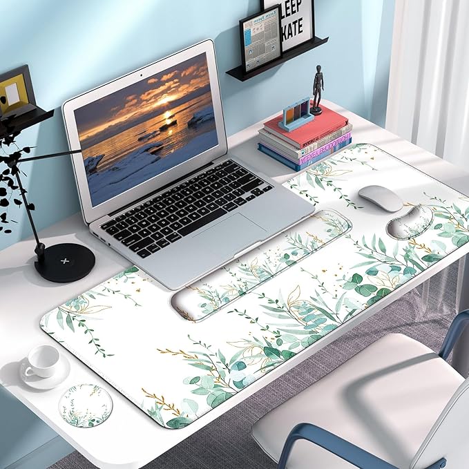 Keyboard Wrist Rest + Mouse Pad with Wrist Support + Desk Mat + Coaster 4 in 1 Set XXL Large Gaming Mousepad Cute Ergonomic Mouse Pads for Desk Computer Laptop Office Decor-Eucalyptus