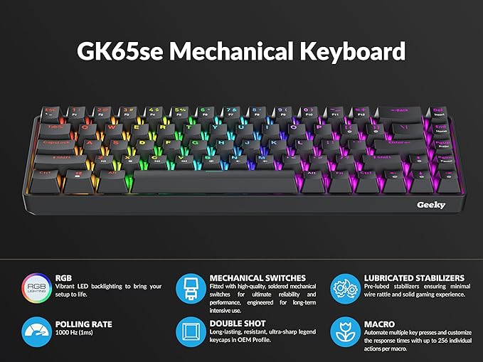 Geeky GK65 SE 65% | Mechanical Gaming Keyboard | 68 Keys Multi Color RGB LED Backlit for PC/Mac Gamer | ANSI US American Layout (Black Mechanical Speed Yellow)