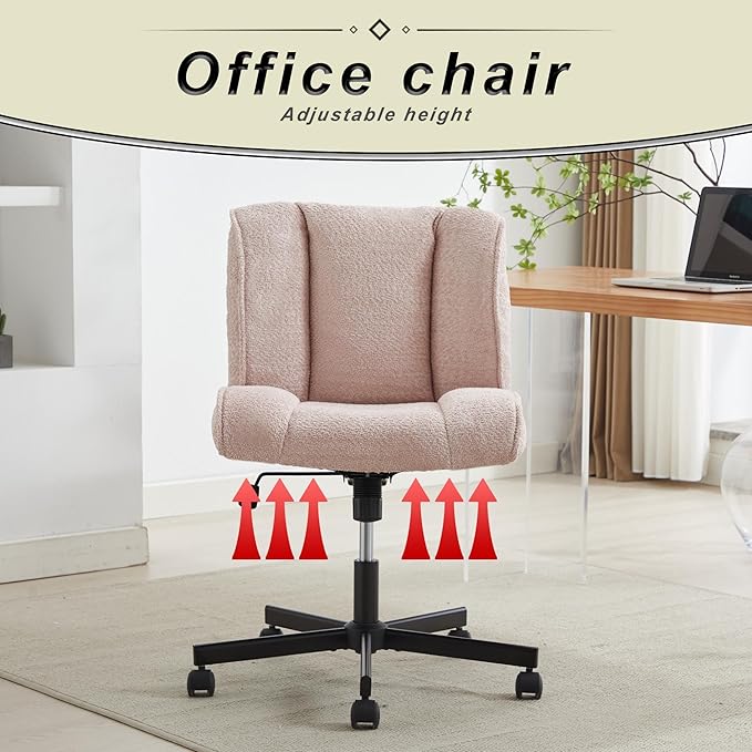 DHAEY Office Desk Armless Chair Cross Legged Office Chair Wide Comfty Desk Chair with No Wheels Modern Height AdjustableSwivel Fabric Vanity Chair Computer Task Chair for Home Office Pink