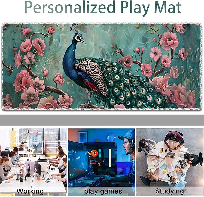 Large Gaming Mouse Pad + Keyboard Wrist Rest + Wrist Support + Coaster Set Memory Foam Ergonomic for Easy Typing XXL Extended Gaming Mouse Pad Table Pad - Peacock