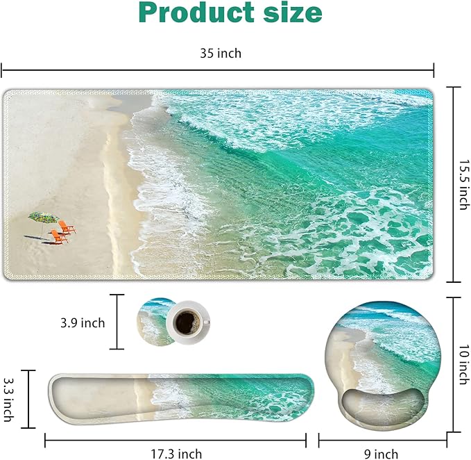 ARTSO Large Mouse Pad Ergonomic Keyboard Wrist Rest Support Combo Non-Slip Memory Foam Gel Extended Desk Mat Protector Ocean Beach Sunbathing
