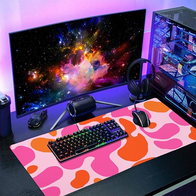 Pink Orange Cute Gaming Mouse Pad XXL Kawani Preppy Abstract Modern Extended Large Desk Mat Mousepad Non-Slip Rubber Base Stitched Edge Long Mousepad for Desktop Office PC 35.4 x 15.7 inch
