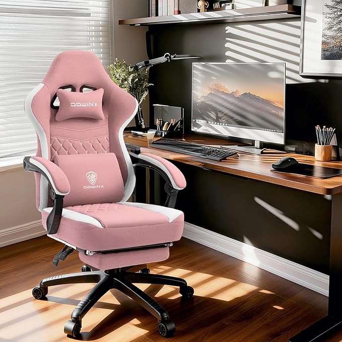 Dowinx Gaming Chair Breathable Fabric Game Chair with Gel Pad and Storage Bag Comfortable Gamer Chair with Pocket Spring CushionErgonomic Computer Chair with FootrestPink