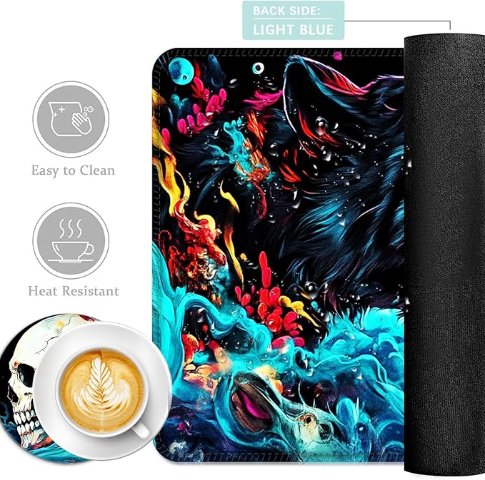 Keyboard Mouse Pad Set Extended Gaming Mouse Pad+Ergonomics Keyboard Wrist Rest Support Memory Foam Easy Typing Pain Relief 4Pcs XL Ultra Thick Desk MatNeon Leopard and Skull