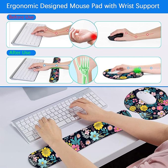 Mouse Pad Wrist Support and Keyboard Wrist Rest with CoasterNon-Slip Rubber Base Ergonomic Gaming Mousepad for Home Office Working Studying Easy Typing &amp Pain ReliefColorful Blooming Floral Flow