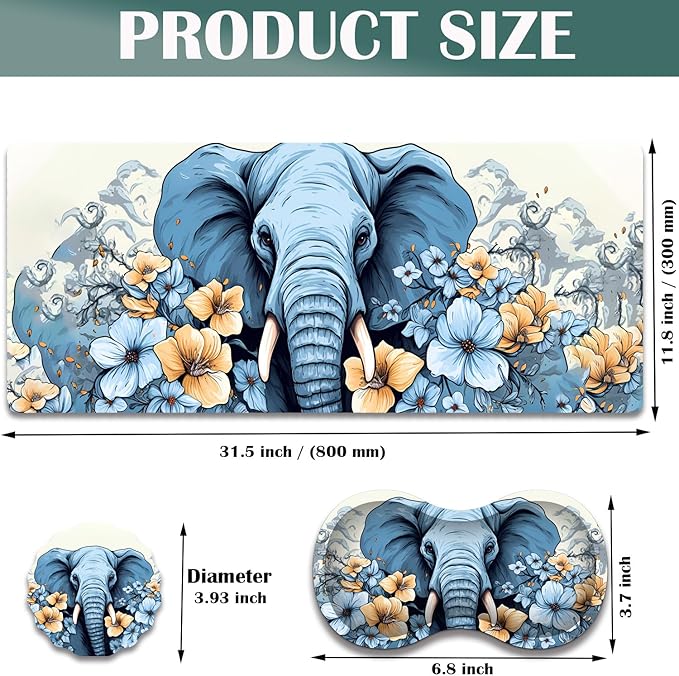 Large Game Mouse Pad + Wrist Support Pad + Coffee Coaster Desk Pad with Sewn Edges Anti-Slip Set pad Suitable for Office Work and Home - Elephant Blue Flowery