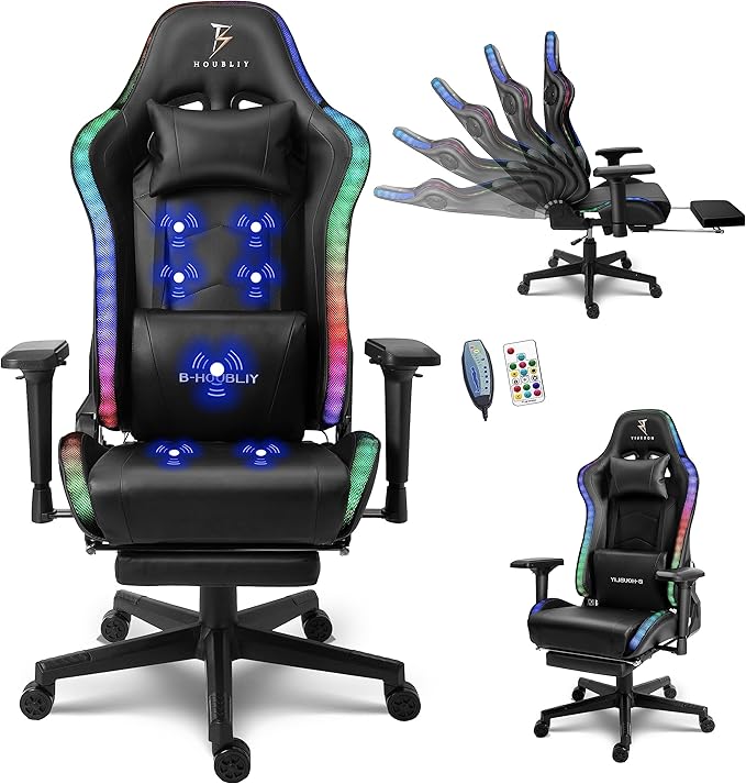 TBQATNTS Massage Gaming Chair with Speakers Ergonomic Pro Gaming Chair with Headrest and Lumbar SupportReclining Computer Chair with Footrest and RGB LightsVideo Game Chair for Adults Kids.Black