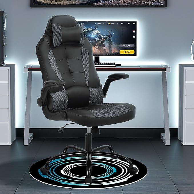 Gaming Chair PU Leather Computer Chair with Flip-up Armrest and Lumbar Support Ergonomic High Back Home Office Chair Comfy Video Game Chair for Home Bedroom Grey