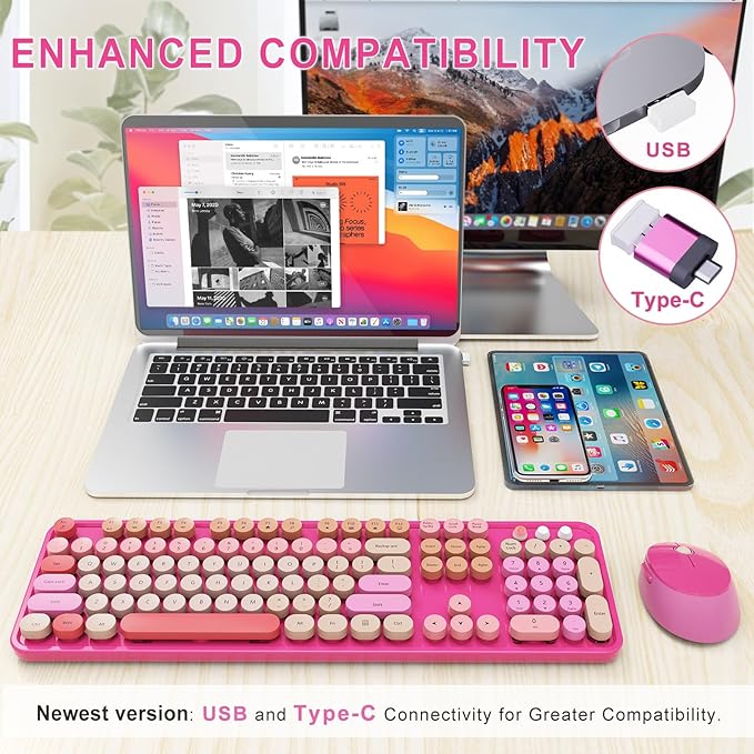 Wireless Keyboard and Mouse Combo Ergonomic Full Size Typewriter Retro Round Keycaps Keyboard Compatible with Windows PC Perfer for Home and Office Keyboards （Red）