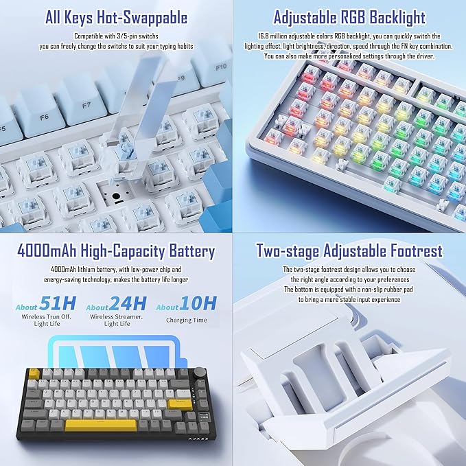AJAZZ AK820 Pro 75% Gasket RGB Wireless Mechanical Keyboard with TFT Screen Volume knob Bluetooth/2.4G/Wired 3-Modes Compact 82 Hot-Swap Keys Tricolor PBT Keycap 4000 mAh (Gray&ampYellow 3-Modes