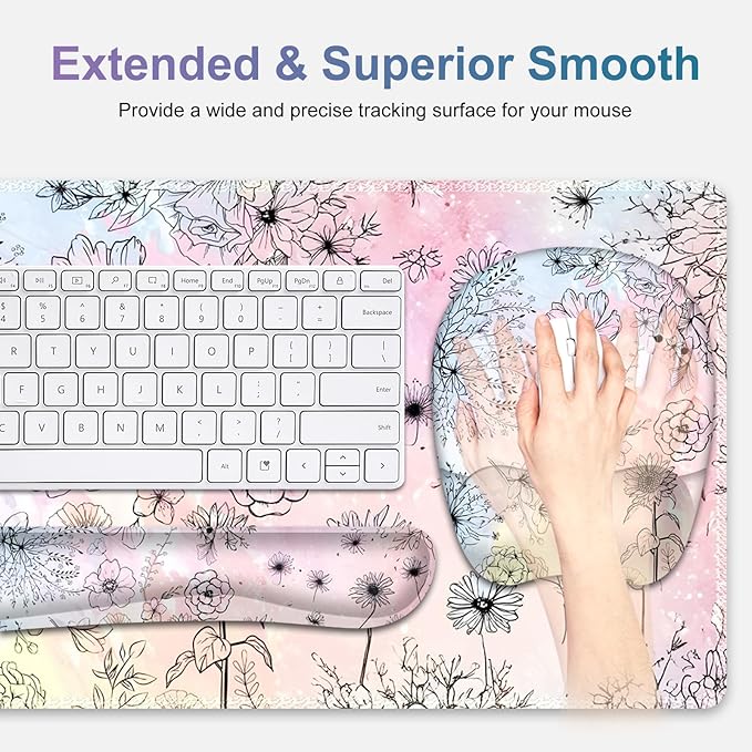 Large Mouse Pad Keyboard Wrist Rest Set Ergonomic Mouse Pad with Wrist Support Desk Mat with Stitched Edges Extended Desk Pad Waterproof Desk Mat for Home Office Game I Dandelion &amp Sunflower