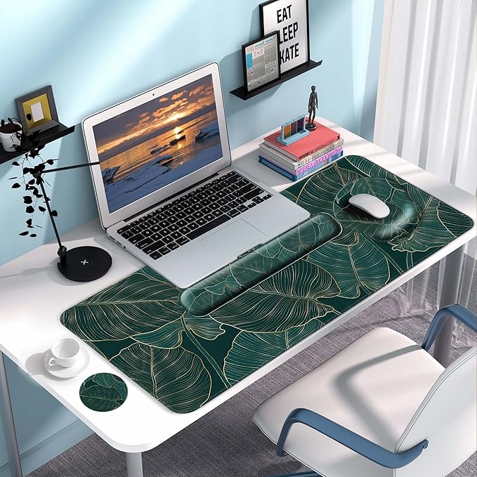 Desk Mat Set + Keyboard and Mouse Pad with Wrist Rest Support4-in-1 Large Mousepad Computer Mats for Desktop Home &amp Office-Green Leaves