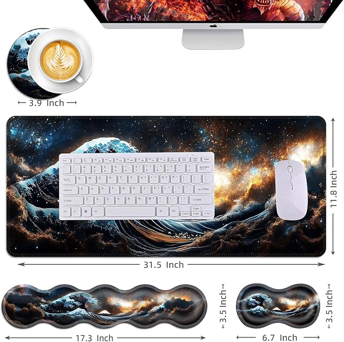 Mouse PadLarge Desk Mat Set 4in1 XL Mousepad + Keyboard Wrist Rest+Mouse Wrist Rest+Coaster with Ergonomic Desk Pad for Home Office Table Computer Cover -Starry Night Great Wave