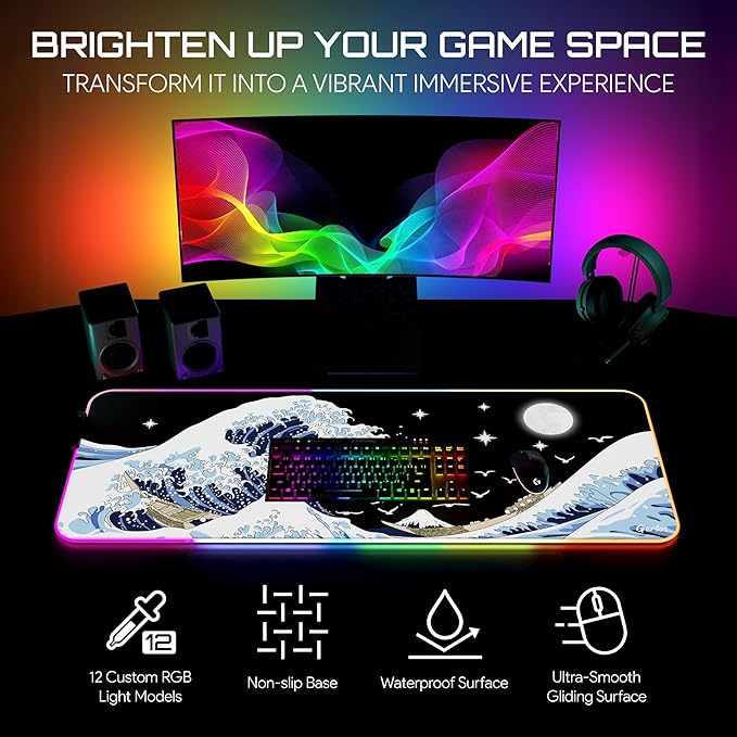 Gerlos RGB Large Gaming Mouse Pad Extended Soft LED Mouse Pad Non-Slip Rubber Base Water Resist Keyboard Pad Computer Mousepad 31.5×11.8 inches