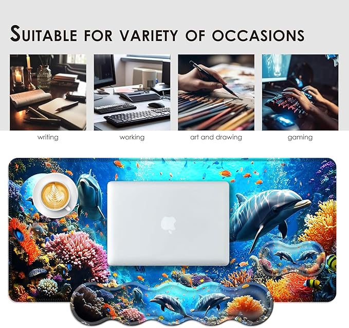 Large Keyboard Mouse Pad Set Extended Mouse Pad+Keyboard Wrist Rest Support Memory Foam Ergonomic Easy Typing 4Pcs (31.5×11.8 in) Desk Pad Set for Office HomeUnderwater Dolphin Scene