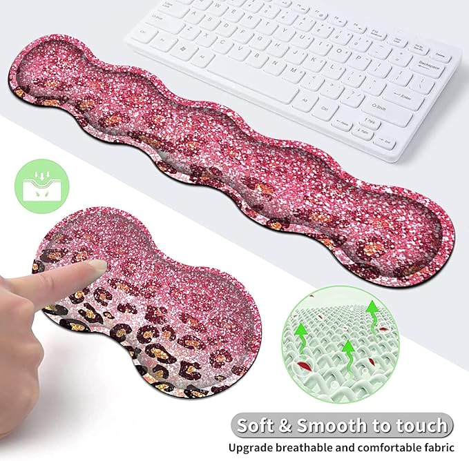 Memory Foam Keyboard Wrist Rest Support + Large Gaming Mouse Pad + Ergonomic Mouse Wrist Support Set Extended Desk Pad with Stitched Edges 31.5×11.8 Pink Leopard Glitter Mousepad Desk Mat