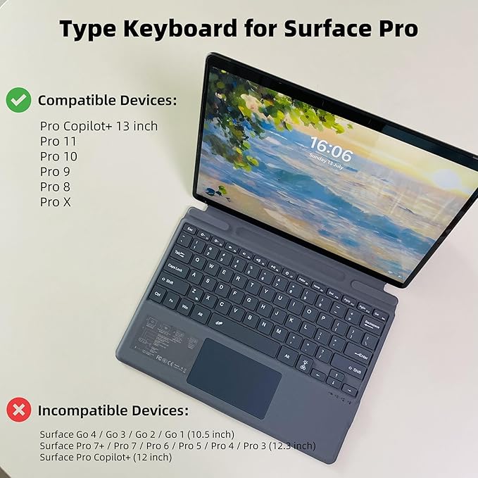 mobee Keyboard for Microsoft Surface Pro Copilot+ (11th Edition) / Pro 11/10 / 9/8 / X 13 inch Detachable Type Cover with Touchpad Pen Holder (Gray No Backlit)