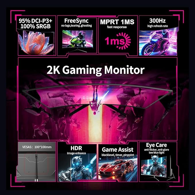 ZZA 32 Inch Curved Gaming Monitor QHD 2560x1440 Ultra 300Hz &amp 240Hz Refresh Rate Computer Monitor VA Panel1500R 1ms HDR AMD FreeSync Premium NVIDIA G-SYNC Compatible