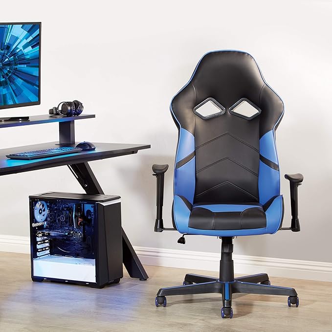 OSP Home Furnishings Vapor Ergonomic Adjustable High Back Faux Leather Gaming Chair with Coil Spring Seat and Integrated Cooling Airflow Blue Accents