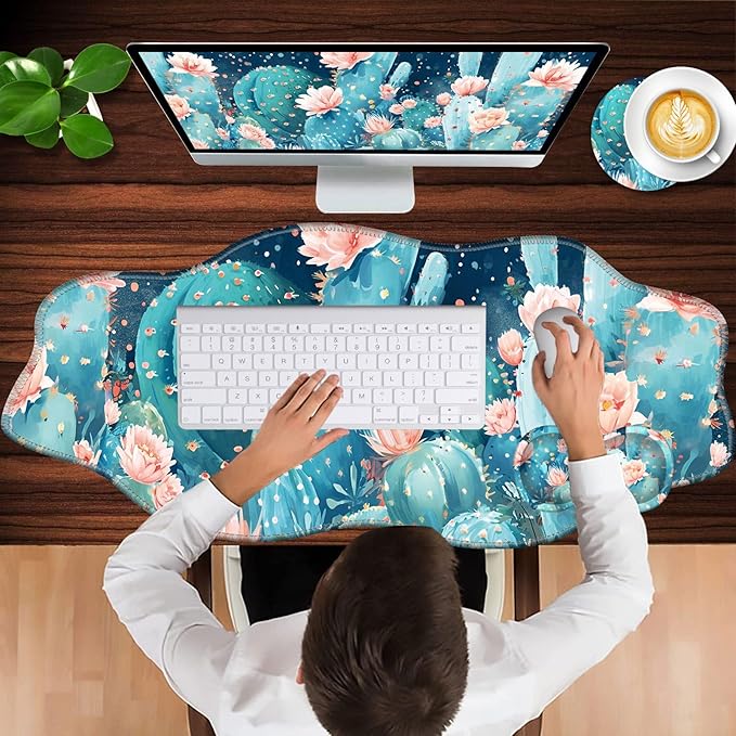 Mouse Pad with Wrist Support + Desk Mat + Coaster 3 in 1 Set XXL Large Gaming Mousepad Ergonomic Mouse Pads for Desk Computer Laptop OfficeCute Cactus