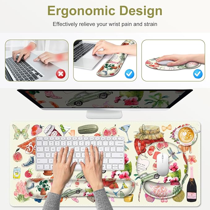 Mouse Pad 4 in1 Large Desk Mat Desk Pad Matt for Desktop Anti-Slip XXL Big Computer Ergonomic Mousepad with Wrist Support for Keyboard and Mouse for Women I Watercolor Stickers