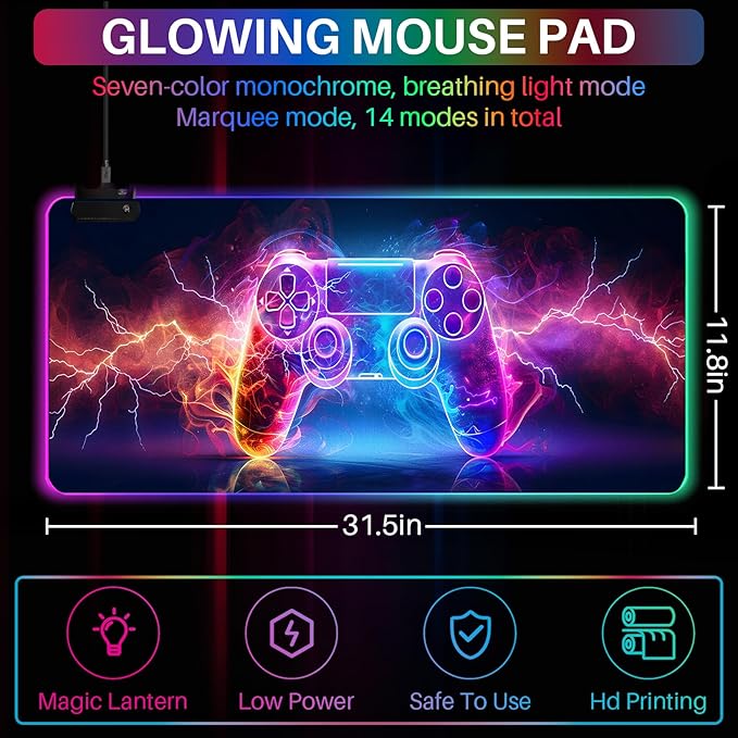 XL Led Gaming Mouse Pad with 14 Light Modes - Light Up Gamer Mouse Pad31.5 x 11.8in Non-Slip Gamepad Style RGB Large Gamer MousepadBlack Long Glowing Gaming Accessories for DeskWaterproof
