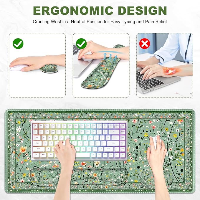 Floral Desk Mat 4in1 Large Mouse Pad with Wrist Rest Anti-Slip Desk Pad for Desktop XXL Ergonomic Mousepad with Wrist Support for Keyboard and Mouse Green Art Flowers