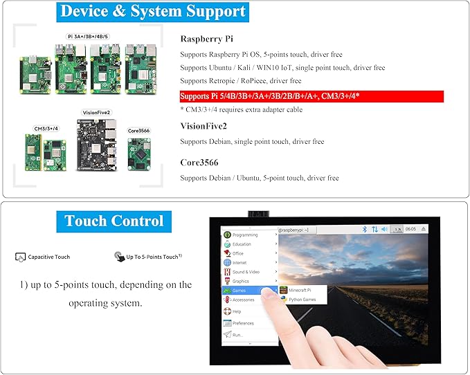 4.3inch DSI LCD Compatible with Raspberry Pi 5/4B/3B+/3B//3A+/2B/B+/A+/CM5/4/3+/3 800x480 Resolution 5-Points Capacitive Touch Screen IPS Display Monitor MIPI DSI Interface