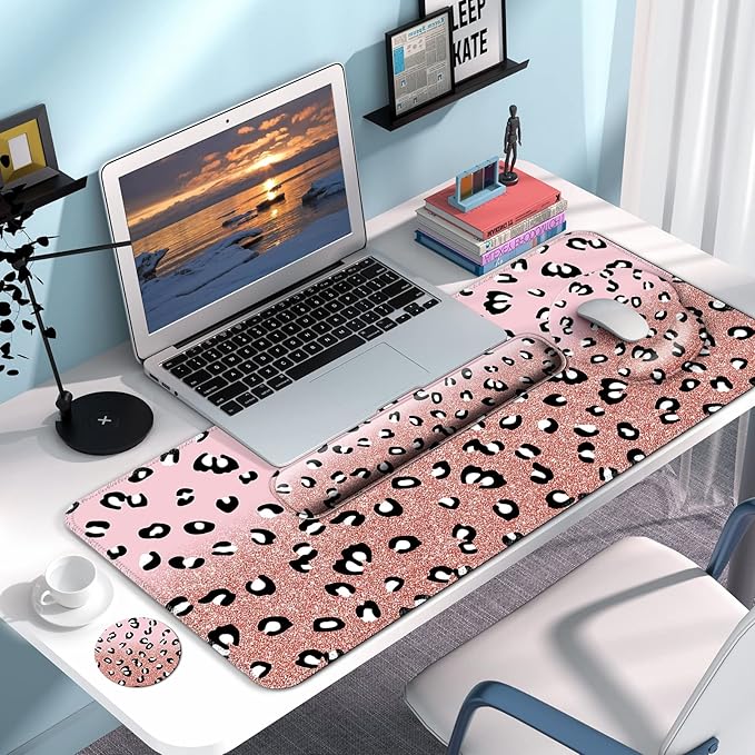 Mouse Pad + Desk Mat + Keyboard Wrist Rest + Coaster 4 in 1 Set Cute Ergonomic Large Gaming Mousepad with Wrist Rest Support Desk Pad for Computer Laptop Office Home Decor-Glittery Leopards