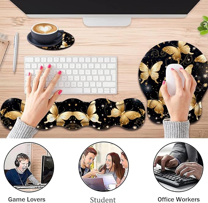 Keyboard Wrist Support + Wrist Mousepad + Coaster Combination Non-Slip PU Base with Gel Memory Mousepad Suitable for Gaming Office Pain Relief Mousepad Set - Golden Butterfly
