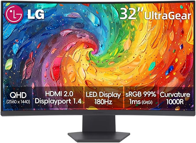 LG 32 Inch UltraGear QHD Curved Gaming Monitor 180Hz 1ms AMD FreeSync HDR10 99% sRGB 1000R Curve Black Stabilizer Dual Controller HDMI &amp DisplayPort 3-Side Borderless Tilt Adjustment B