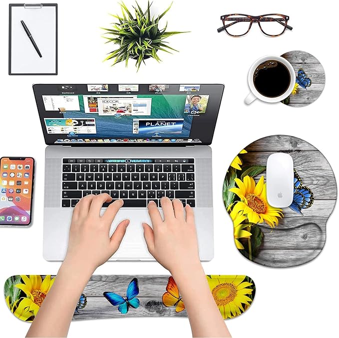Keyboard Wrist Rest and Mouse Pad Wrist Rest Support Non-Slip PU Base Ergonomic Gaming Mousepad for Home Office Working Studying Easy Typing &amp Pain Relief - Sunflower and Purple Butterfly
