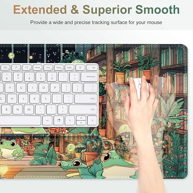 Large Gaming Mouse Pad Set 4 in 1 Ergonomics Keyboard Desk Mat with Memory Foam Wrist Rest Computer PC Extended Game Mousepad Non-Slip Desk Matt Easy Typing Pain Relief I Frog &amp Mushroom