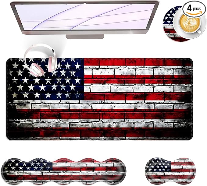 Large Keyboard Mouse Pad Set Extended Mouse Pad+Keyboard Wrist Rest Support Memory Foam Ergonomic Easy Typing 4Pcs (31.5×11.8 in) Desk Pad Set for Office HomeAmerican Flag on Brick Wall
