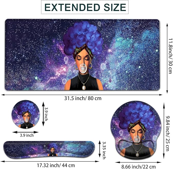 Large Mouse Pad Ergonomic Mouse Pad with Wrist Rest and Keyboard Wrist Rest 4 in 1 Set 31.5 x11.8 inch Extended Desk Pad for Home Office African Black Women Girls Starry Sky Purple Gaming Mouse Mat