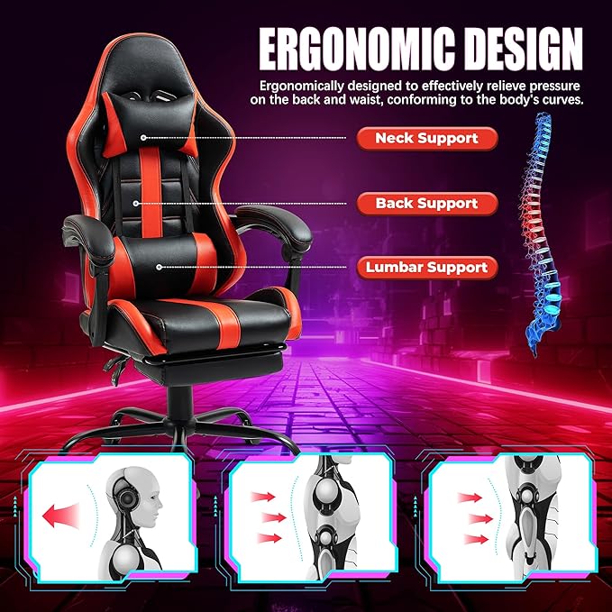Massage Gaming Chair w/Footrest Ergonomic High Back PC Chair w/Headrest and Lumbar PU Swivel Home Desk Office Chair Red
