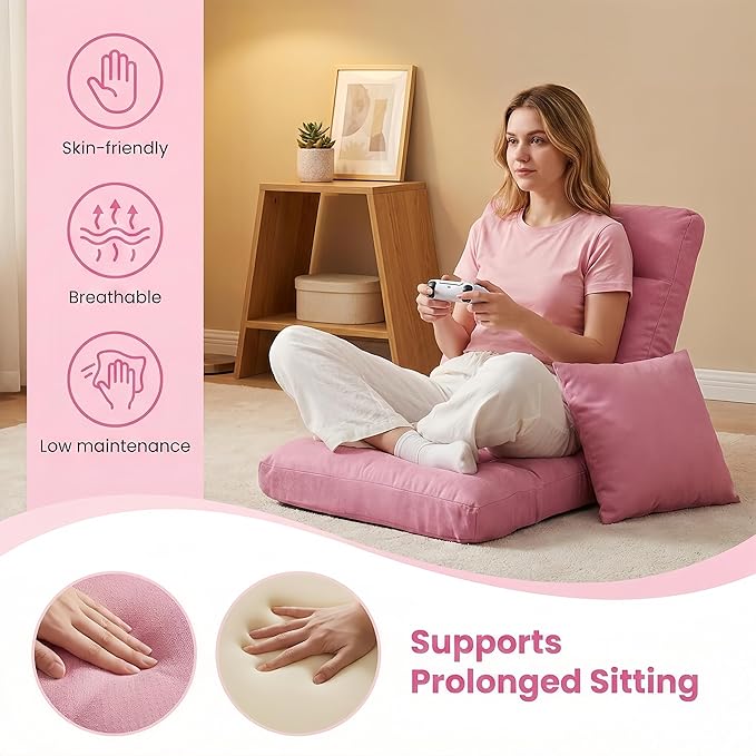 Folding Floor Chair with Back Support 5 Adjustable Position Padded Sleeper Bed Couch Recliner Gaming Floor Chairs for Adults Meditation Living Room