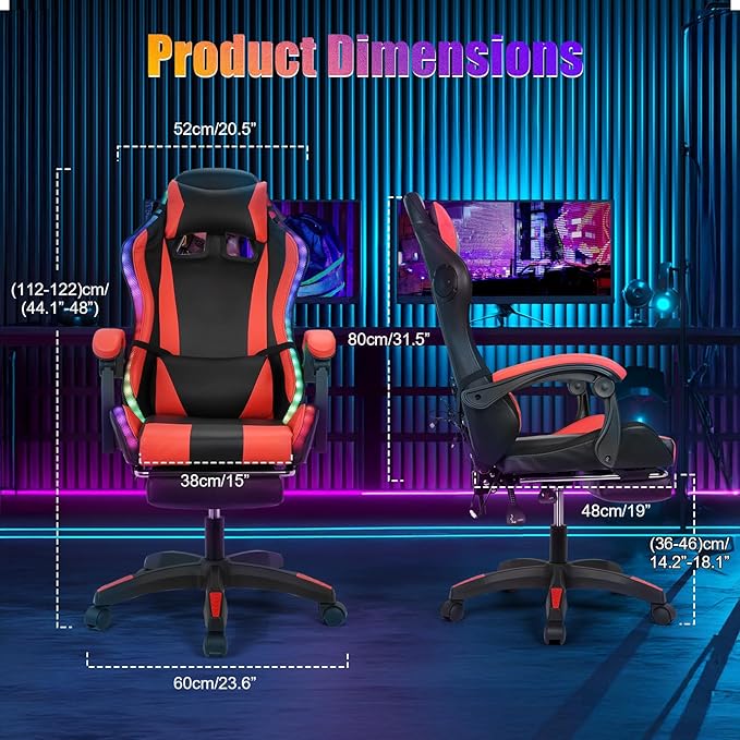 Gaming Chair with Bluetooth Speakers &amp Lights Ergonomic High-Back Office Chair with Retractable Footrest 360° Swivel Adjustable Computer Chair Faux Leather Racing Style for Home Office &amp Ga