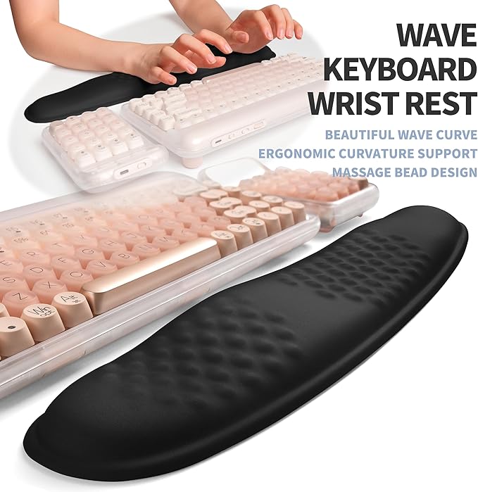2-in-1 Ergonomic Set Wave Keyboard Wrist Rest and Massage Slope Mouse Pad Wrist Support Rebound Memory Foam for Relieve Carpal Tunnel Syndrome and Wrist Pain (Black)