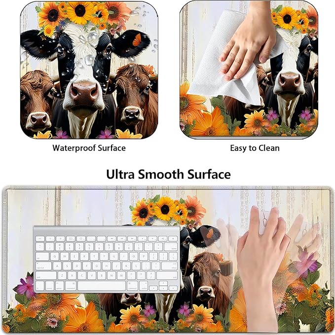 Large Mouse Pad with Mouse Wrist Rest 31.5x11.8 in Extended Mouse Mat Non-Slip PU Base Ergonomic Memory Foam Wrist Rest for Work &amp Gaming Writing Pad Sunflowers Farmhouse Cow Office Desk Pad