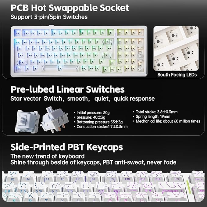 LEOBOG Aula Keyboard F99 Wireless Mechanical Gaming Keyboards Hot Swappable Custom Creamy RGB Backlit Computer KeyboardBT5.0/2.4GHz/USB-CTopographic Side-Printed Keycaps Switch