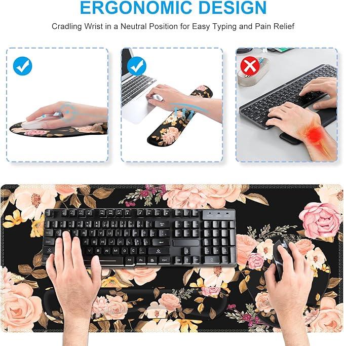 iCasso Desk Mat Gaming Mouse Pad Wrist Support Set4in1 XXL Large Mousepad + Keyboard Wrist Rest+Mouse Wrist Rest+Coaster Set with Ergonomic Design for Home Office Table Computer-Penoy