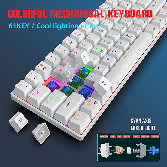 Snpurdiri Wired 60% Mechanical Gaming Keyboard Blue Switch Anti-Ghosting 61 Key Keyboard with RGB Backlit and Double Foot Ultra-Compact White