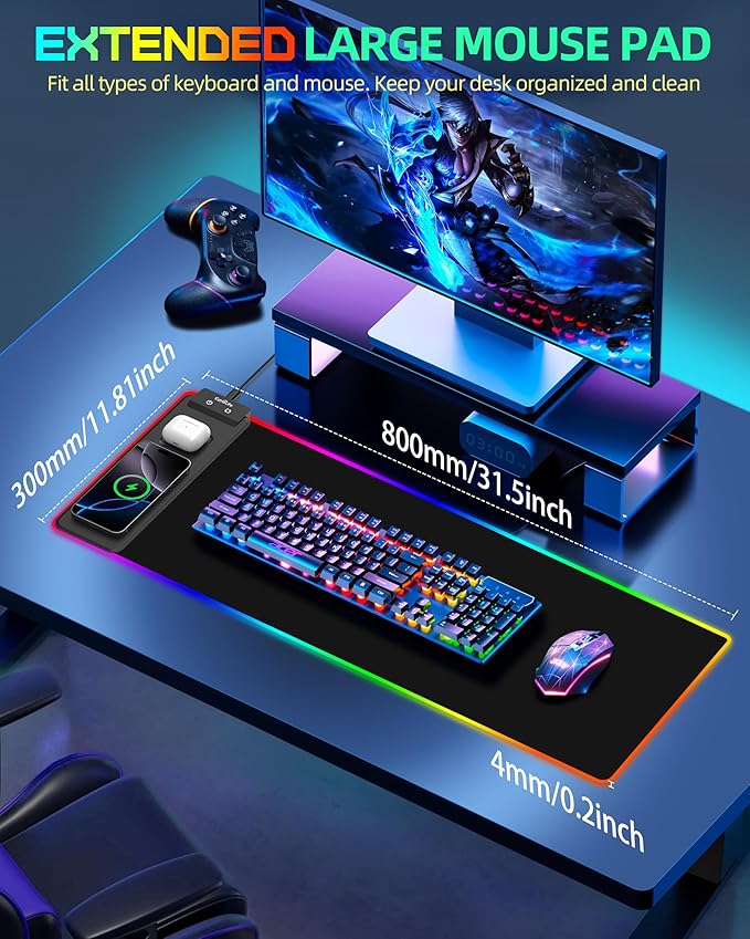ExtreLife Wireless Charging Mouse Pad RGB Gaming Mousepad 31.5x11.8 Extra Large Desk Mat 13 Light Modes Ultra-Smooth Surface Non-Slip Base Waterproof Computer Keyboard Pad for Laptop Black