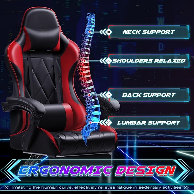 Shahoo Gaming Chair with Footrest and Massage Lumbar Support Computer Game Chairs Ergonomic Office Seat Height Adjustable with Headrest Red