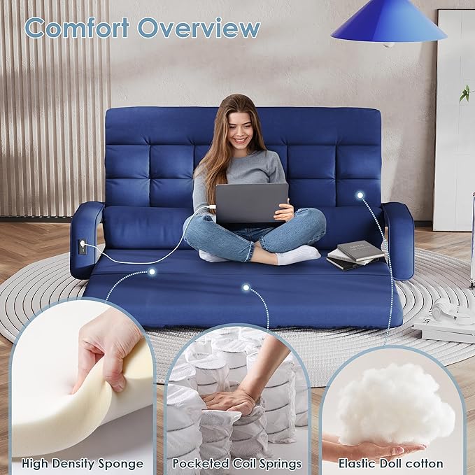 STHOUYN Comfy Bedroom Chair with 2 USB Charging Ports 5-Position Floor Couch Gaming Chairs for Adults Lounge Chair Indoor Folding Lazy Sofa Meditation Arm Dorm Chair Living Room (Navy Blue)